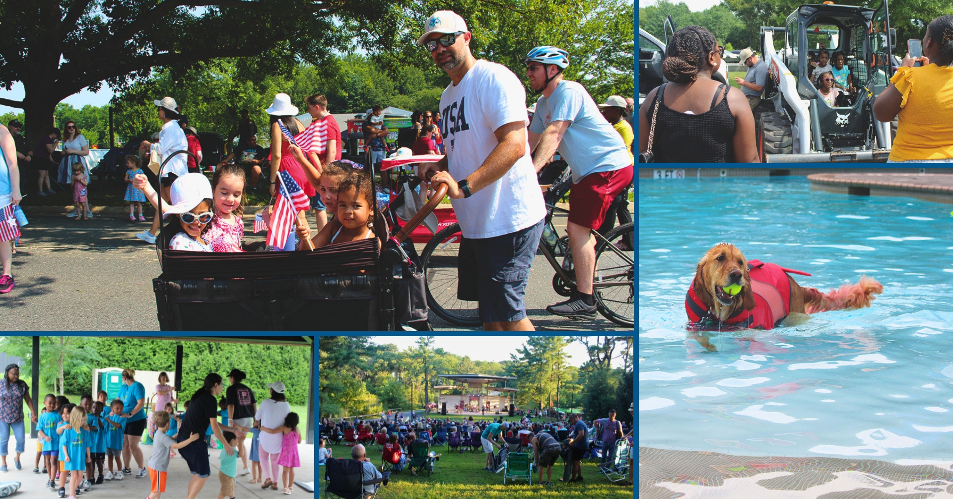 Collage of the Independence Day Parade, Touch-a-Truck, Doggie Paddle, KidjAM, and Summers at South Valley Park